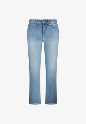 Jeans in denim blu chiaro a gamba dritta con chiusura frontale a bottoni e cerniera, design a cinque tasche e lieve scoloritura sulle cosce.