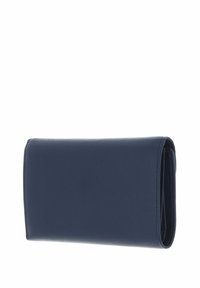 Navy blue leather wallet, rectangular shape, smooth texture, features a fold-over design, no visible hardware or patterns.
