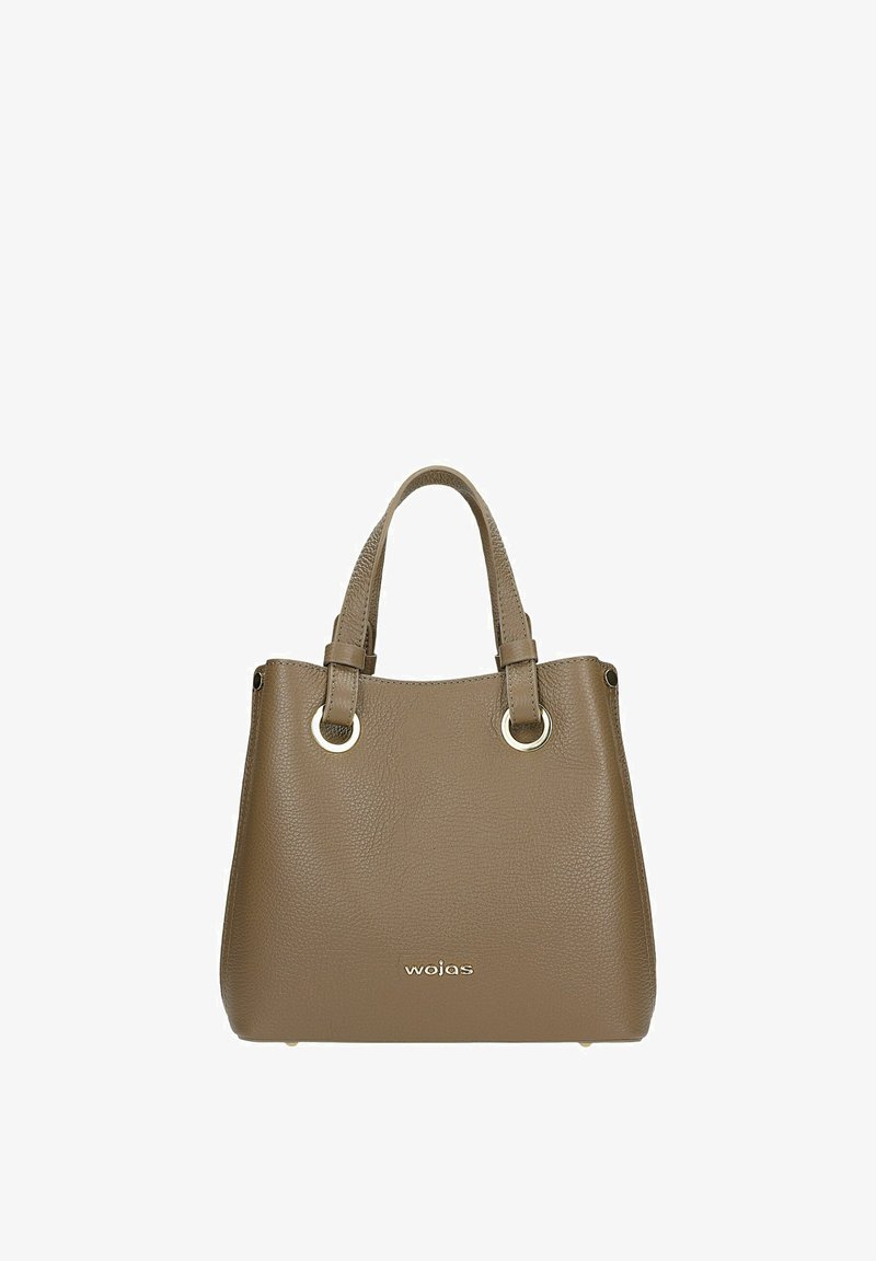 Hnědá kožená kabelka se strukturovaným tvarem, dvojitými uchy, kruhovými kovovými akcenty a logem na přední straně. Texturovaný povrch.