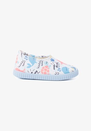 Slip-on shoes with a light blue rubber sole, featuring a patterned upper in pastel colors with marine motifs and assorted doodles.
