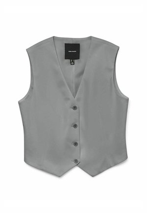 Gilet gris sans manches en tissu lisse, avec un col en V, cinq boutons et un ourlet droit. Étiquette visible au niveau du col.