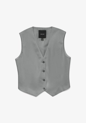 Chaleco gris sin mangas hecho de una tela suave, con escote en V, cinco botones y dobladillo recto. Etiqueta visible en el escote.