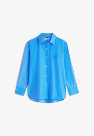 Lyseblå langærmet skjorte med knapper og krave, broderet logo på brystet og lille logo på venstre manchet, vist på hvid baggrund.