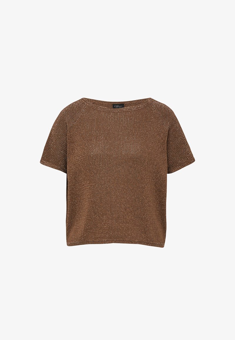 Haut marron à manches courtes en maille avec un col rond, présentant un tissu texturé et une coupe légèrement carrée.