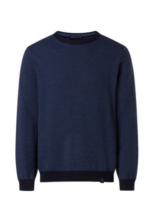 Marineblauer Pullover mit horizontalen Streifen, Rundhalsausschnitt, gerippten Bündchen und Saum. Hergestellt aus einem strukturierten Strickstoff mit einem Logotag am unteren Ende.
