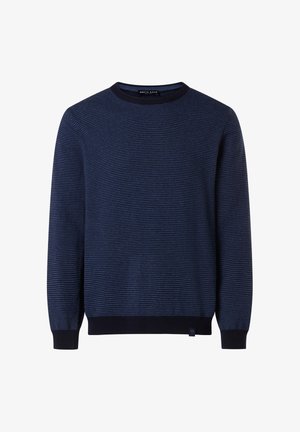 Marineblauer Pullover mit horizontalen Streifen, Rundhalsausschnitt, gerippten Bündchen und Saum. Hergestellt aus einem strukturierten Strickstoff mit einem Logotag am unteren Ende.