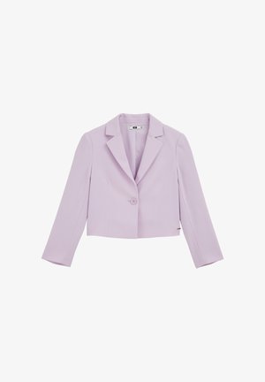 Ljubičasti skraćeni blejzer od glatkog tkanja, s reverom s izrezom, zatvaranjem na jedan gumb i dugim rukavima.