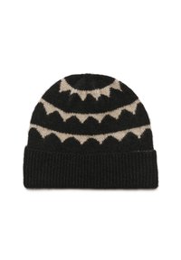 Bonnet en tricot en laine noire avec un motif géométrique beige. Présente un ourlet côtelé et une texture douce. Sommet arrondi avec une finition texturée.