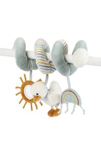 Plüschhängespielzeugset mit einer hellgrünen schlangenähnlichen Form, gestreiften Abschnitten, einer weißen Ente, einer Sonne mit Spiegel und einem mehrfarbigen Regenbogen.