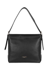 Borsa a mano in pelle nera con una forma strutturata, chiusura superiore con zip e una singola tracolla regolabile. Presenta un logo dorato sul fronte.
