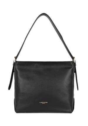 Borsa a mano in pelle nera con una forma strutturata, chiusura superiore con zip e una singola tracolla regolabile. Presenta un logo dorato sul fronte.