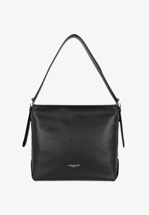 Borsa a mano in pelle nera con una forma strutturata, chiusura superiore con zip e una singola tracolla regolabile. Presenta un logo dorato sul fronte.