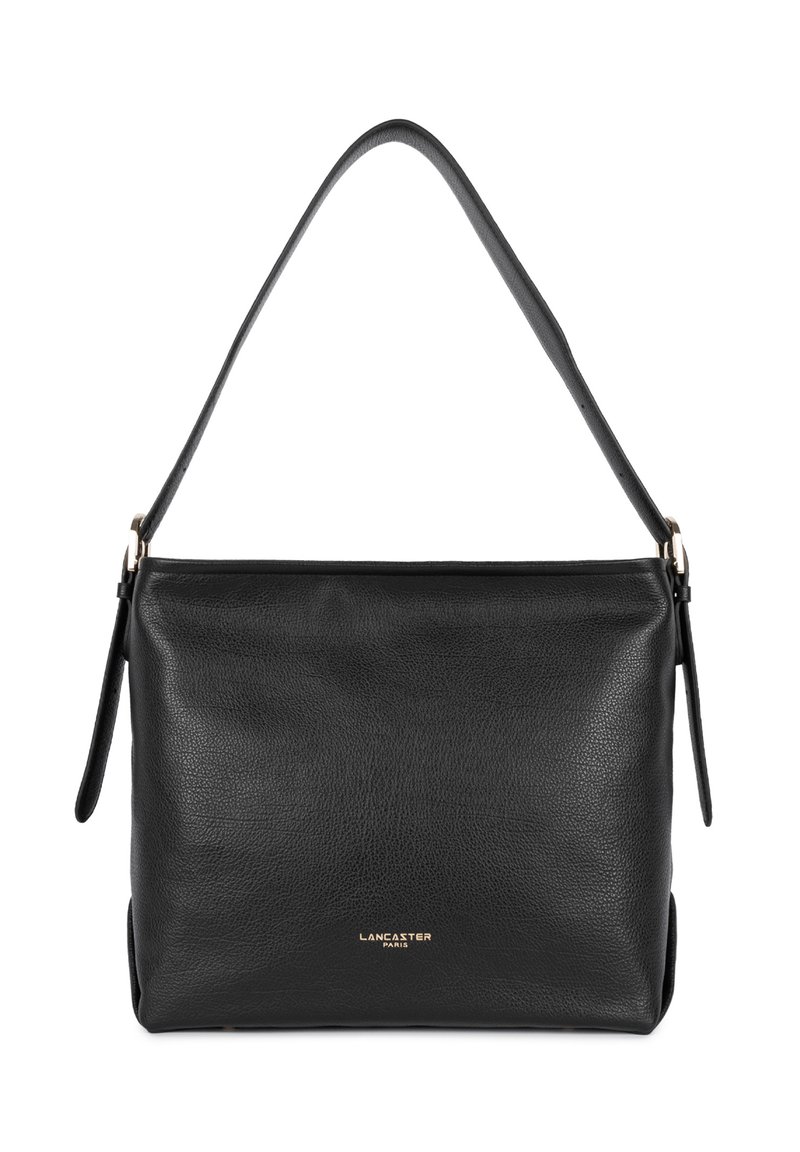 Borsa a mano in pelle nera con una forma strutturata, chiusura superiore con zip e una singola tracolla regolabile. Presenta un logo dorato sul fronte.