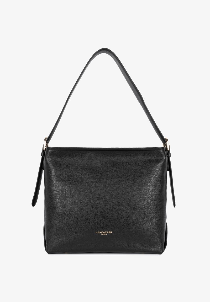 Borsa a mano in pelle nera con una forma strutturata, chiusura superiore con zip e una singola tracolla regolabile. Presenta un logo dorato sul fronte.