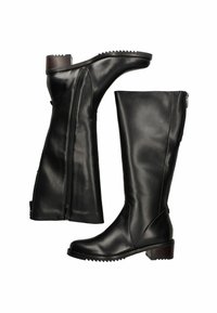 Botas de piel negra hasta la rodilla con suela texturizada, cremallera lateral y tacón cuadrado. Acabado suave con costuras y detalles de confección.