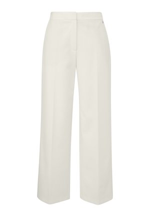 Pantalon crème taille haute à jambes larges, avec pli sur le devant, fermeture frontale dissimulée et ceinture lisse et plate.