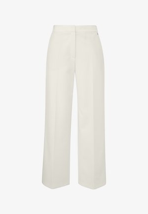 Pantalon crème taille haute à jambes larges, avec pli sur le devant, fermeture frontale dissimulée et ceinture lisse et plate.