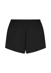 Zwarte shorts met een elastische tailleband, gemaakt van een gladde stof. Heeft een losse pasvorm en een eenvoudig ontwerp zonder patronen of accenten.