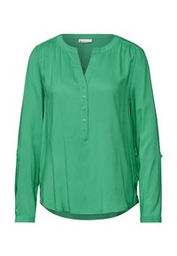 Blusa verde realizzata in tessuto morbido, con scollatura a V, patta con bottoni e maniche lunghe con risvolti. Design semplice ed elegante.