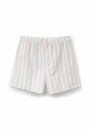 Calzoncillos de boxeador hechos de una tela suave con rayas verticales en colores pastel. Cintura elástica con dos botones en la parte frontal.