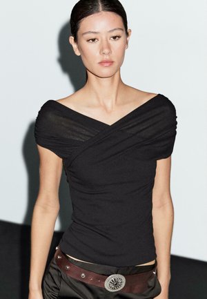 Massimo Dutti SURPLICE BOAT NECK - Print T-shirt - black