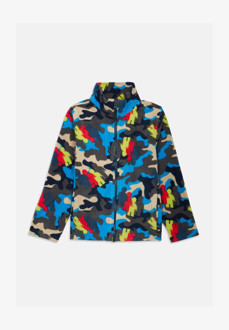 Sinine, roheline, punane ja beež kamuflaažimuster; kõrge krae ja täispikk eesmine tõmblukk. Pehme tekstuur.