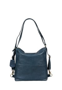 Borsa in pelle blu navy con una texture morbida, tracolla singola e un charm removibile. Presenta una chiusura con zip e un design minimalista.
