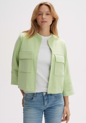 Light green cropped jacket with two front pockets, structured shoulders, and a round neckline, worn over a white t-shirt and blue jeans.