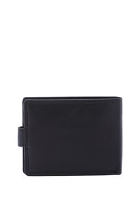 Portafoglio in pelle nera con una texture liscia, forma rettangolare e chiusura a tracolla laterale. Presenta cuciture minime e nessun logo visibile.