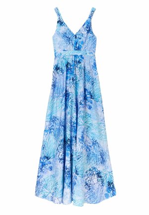 Mouwloze blauwe en witte maxi-jurk met V-hals en abstract bloemenpatroon, getailleerde taille en vloeiende rok.