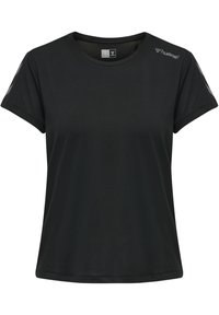 Schwarzes kurzärmliges Sport-T-Shirt aus feuchtigkeitsableitendem Material. Es verfügt über einen runden Ausschnitt und ein Logo auf der linken Schulter.
