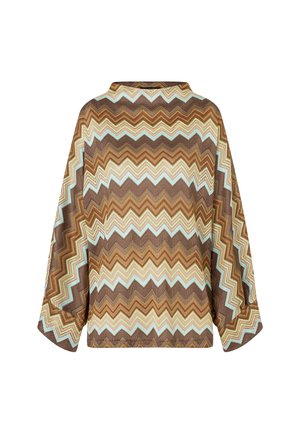 Braun-beiger und hellblauer Strickpullover mit Zickzackmuster, langen Ärmeln, weiten Ärmeln und rundem Halsausschnitt.