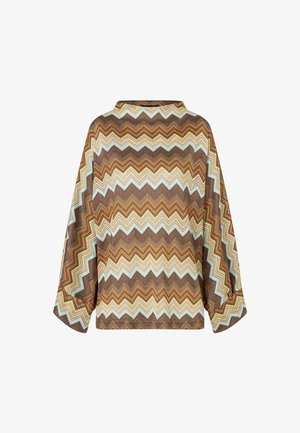 Braun-beiger und hellblauer Strickpullover mit Zickzackmuster, langen Ärmeln, weiten Ärmeln und rundem Halsausschnitt.