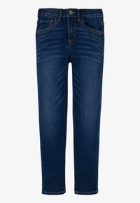 Jeans de mezclilla azul oscuro con pierna cónica, diseño de cinco bolsillos y detalles de costura sutiles. Cierre clásico con cremallera y botón en la cintura.