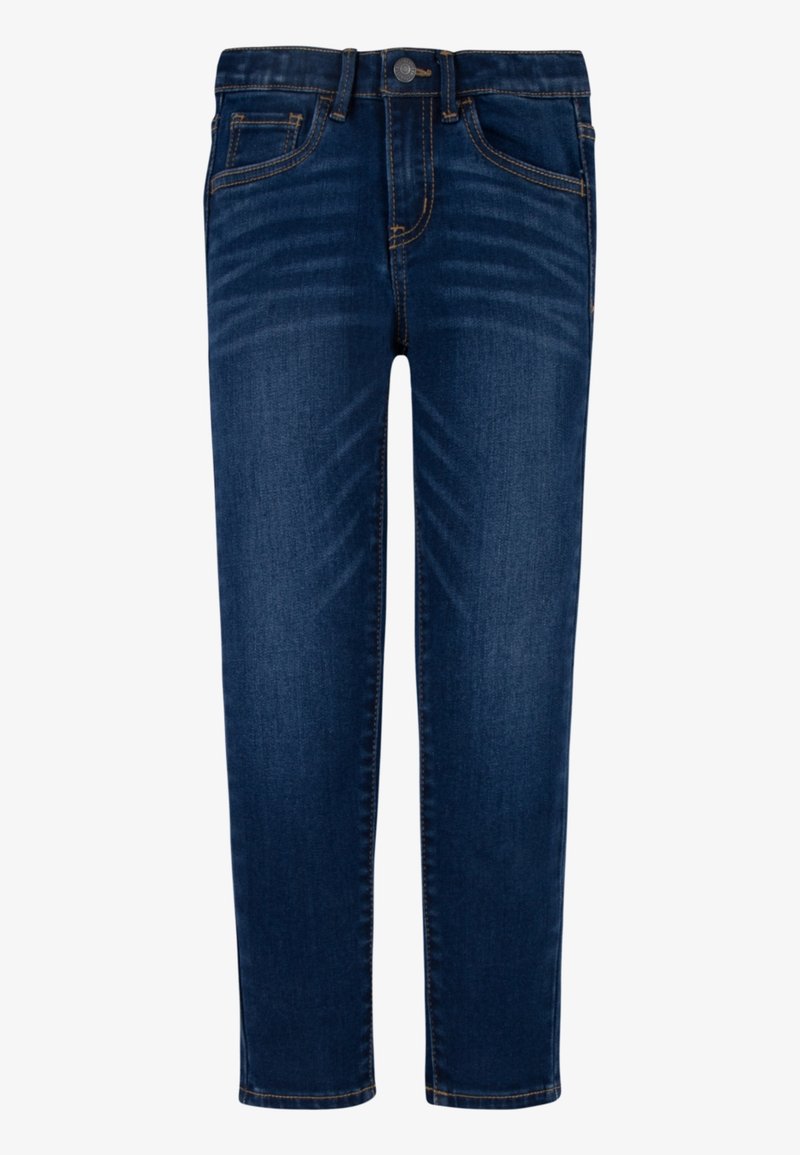 Jeans de mezclilla azul oscuro con pierna cónica, diseño de cinco bolsillos y detalles de costura sutiles. Cierre clásico con cremallera y botón en la cintura.