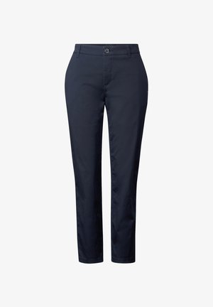 Navy blue trousers with a slim fit, made of lightweight fabric. Features a button closure, belt loops, and front pockets. Smooth texture.