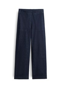 Pantalons larges de couleur bleu foncé en denim. Dotés d'une taille élastique et de revers retournés. Deux poches latérales visibles.