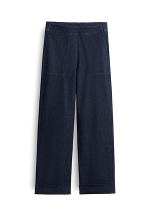 Dark blue, wide-leg pants made from denim fabric. Features an elastic waistband and turned-up cuffs. Two side pockets visible.