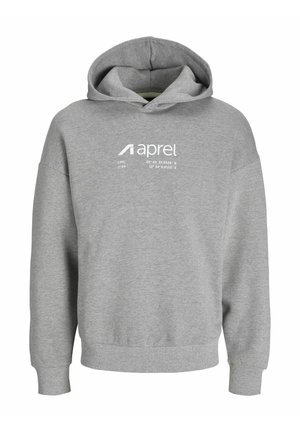 Pilkas gobtuvas megztinis, pagamintas iš medvilnės mišinio. Turi laisvą siluetą, raibotus rankogalius ir baltą logotipo spaudą priekyje su geografinėmis koordinatėmis.