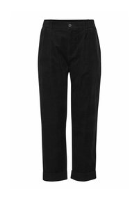 Pantaloni in corduroy neri con un design a vita alta, caratterizzati da pieghe frontali, chiusura con bottone e orli arrotolati per una vestibilità affusolata.