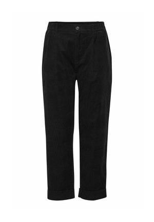 Pantaloni in corduroy neri con un design a vita alta, caratterizzati da pieghe frontali, chiusura con bottone e orli arrotolati per una vestibilità affusolata.