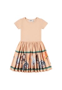 Kjortermet kjole med en persikofarget ribbet overdel og en vid skirt med illustrerte dyr. Grønn stripe i midjen tilfører detalj.