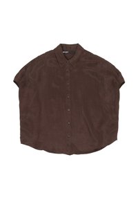 Brown short-sleeve shirt made of soft fabric with a collared neck, button-down front, and curved hem. Smooth texture, oversized fit.