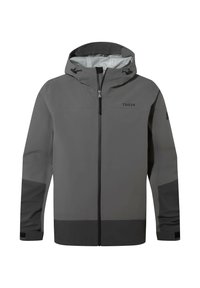 Water-resistant gray jacket with a hood, zip front, adjustable drawstrings, and black accents at the cuffs and lower hem.