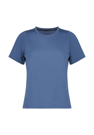 Camiseta de manga corta azul con cuello redondo, tejido texturizado y silueta ajustada.