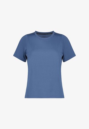 Short-sleeve blue crew neck t-shirt with a textured fabric and a fitted silhouette.
