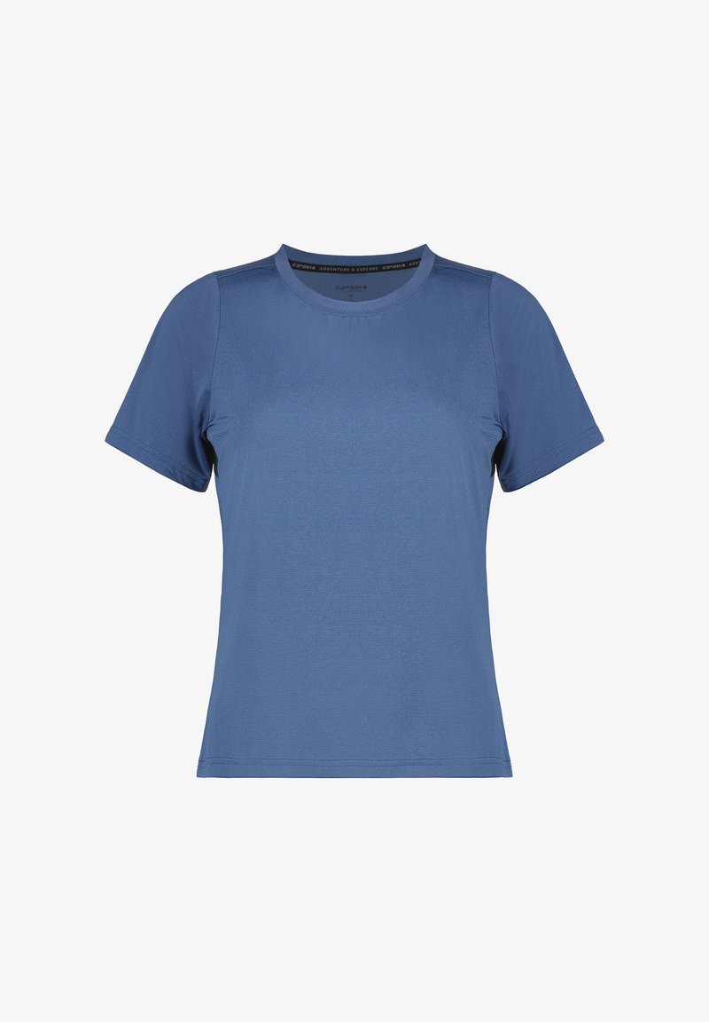 Kortærmet blå t-shirt med rund hals, lavet af tekstureret stof og med en tætsiddende silhuet.