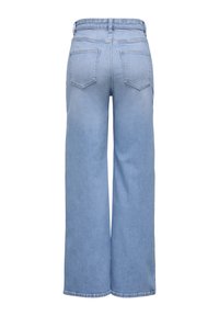 Lichtblauwe wijde jeans van denim, van achteren gezien met twee achterzakken en riemlussen aan de tailleband.