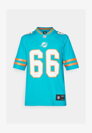 Miami Dolphins NFL mez, türkiz színű narancs részletekkel, fehér, vastag 66-os számmal, rövid ujjakkal és hímezett logóval. Anyaga könnyű.