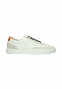 White leather sneaker with light gray suede accents, green laces, and a brown heel patch. Features perforated detailing and a thick white sole.